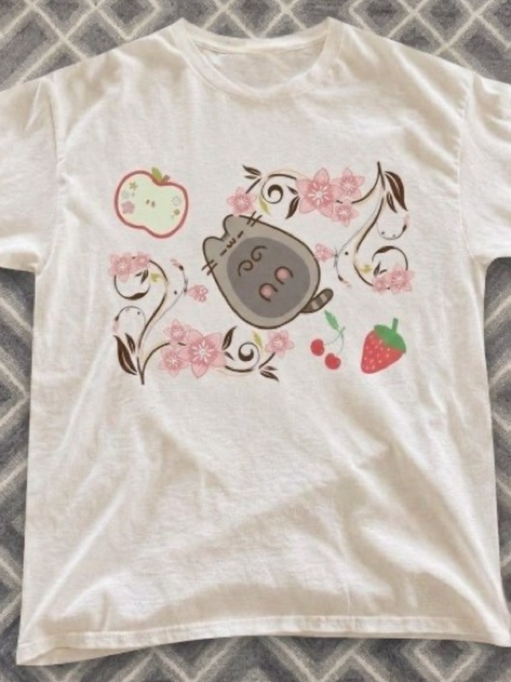 Gildan White Tee with Gray Cat and Pink Floral Fruit Graphic